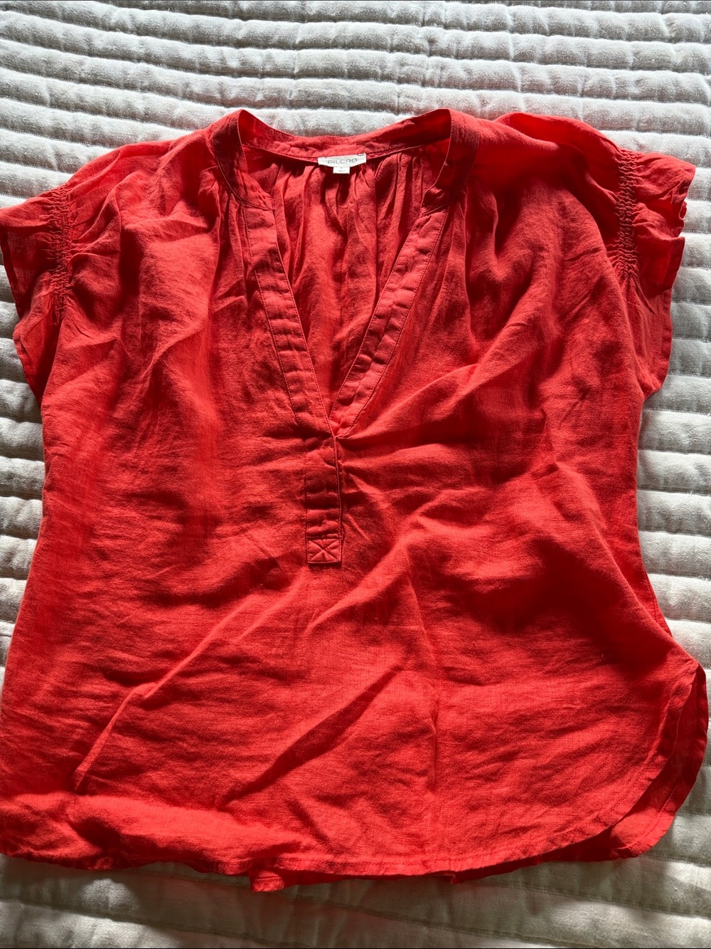 Pilcro Bright Red Split V-Neck Short Sleeve Blouse